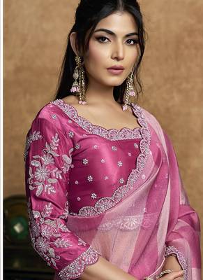 pink organza satin lehriya print scallops highlighted pearls stones sequins designer saree 3