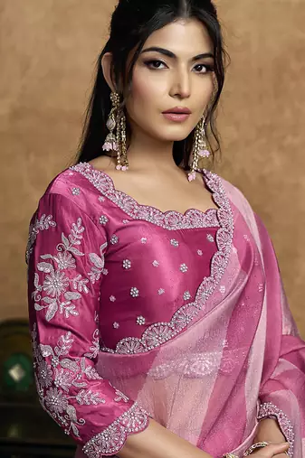 pink organza satin lehriya print scallops highlighted pearls stones sequins designer saree