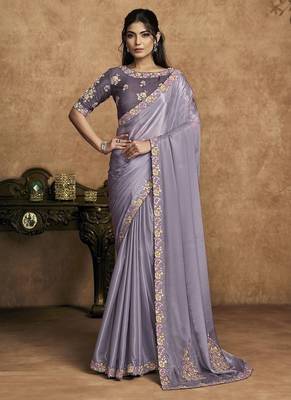 lilac pure crepe satin multi thread embroidered floral motifs pearl detailing designer saree 1