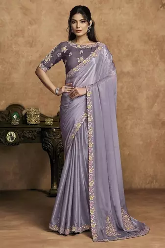 lilac pure crepe satin multi thread embroidered floral motifs pearl detailing designer saree