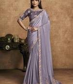 lilac pure crepe satin multi thread embroidered floral motifs pearl detailing designer saree