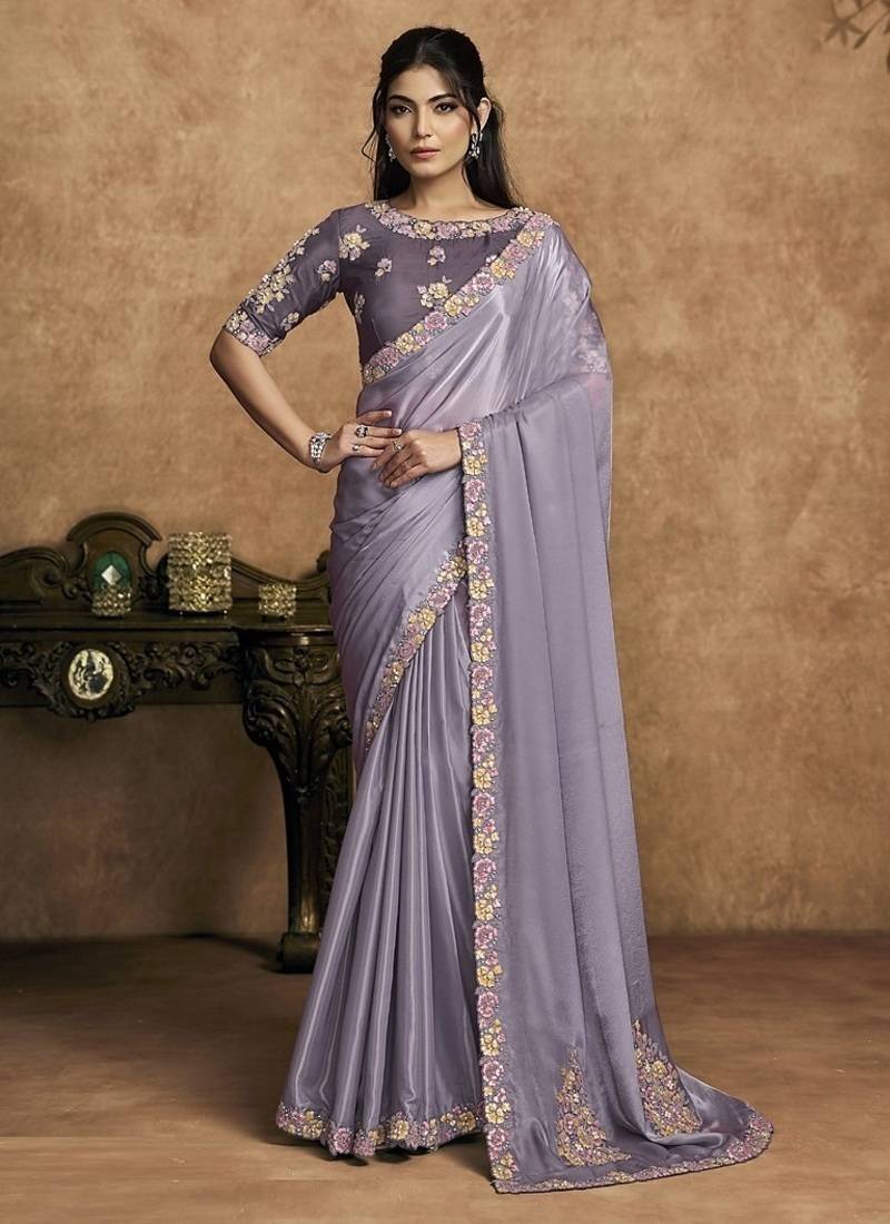 lilac pure crepe satin multi thread embroidered floral motifs pearl detailing designer saree