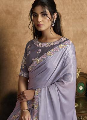 lilac pure crepe satin multi thread embroidered floral motifs pearl detailing designer saree 2