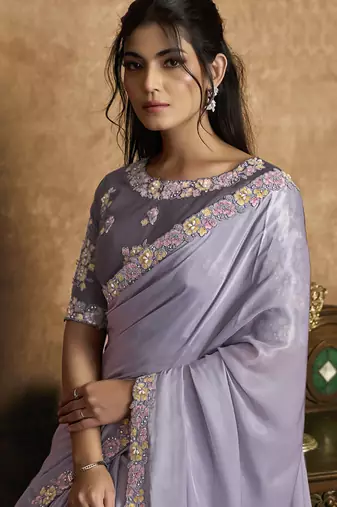 lilac pure crepe satin multi thread embroidered floral motifs pearl detailing designer saree