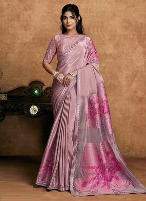 onion pink crepe double weave jacquard floral motifs sequin embroidery pearl work designer saree 1
