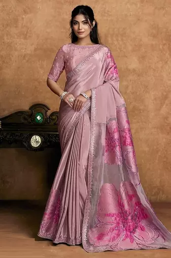 onion pink crepe double weave jacquard floral motifs sequin embroidery pearl work designer saree