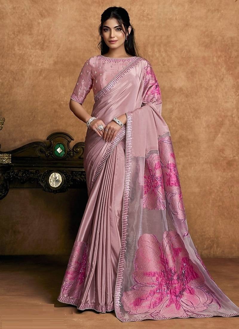 onion pink crepe double weave jacquard floral motifs sequin embroidery pearl work designer saree