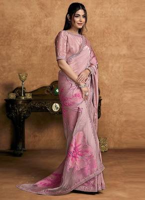 onion pink crepe double weave jacquard floral motifs sequin embroidery pearl work designer saree 2
