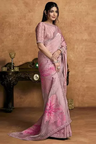 onion pink crepe double weave jacquard floral motifs sequin embroidery pearl work designer saree
