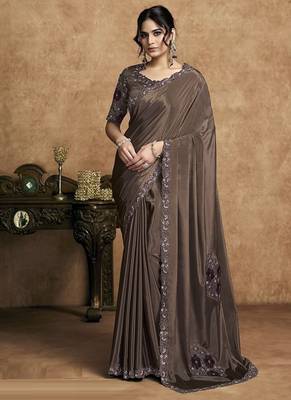 brown lustrous satin applique flower work embellished stone multi thread embroidery designer saree 1