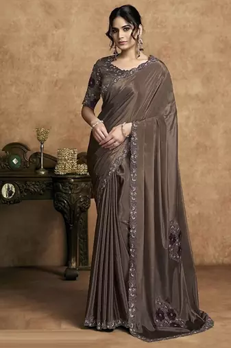 brown lustrous satin applique flower work embellished stone multi thread embroidery designer saree