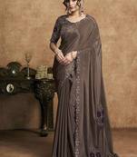 brown lustrous satin applique flower work embellished stone multi thread embroidery designer saree