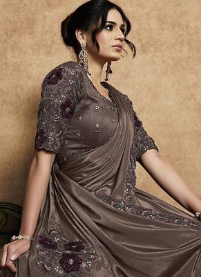 brown lustrous satin applique flower work embellished stone multi thread embroidery designer saree 2