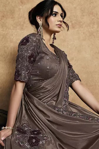 brown lustrous satin applique flower work embellished stone multi thread embroidery designer saree