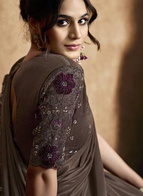 brown lustrous satin applique flower work embellished stone multi thread embroidery designer saree 3