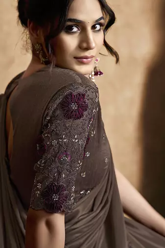 brown lustrous satin applique flower work embellished stone multi thread embroidery designer saree