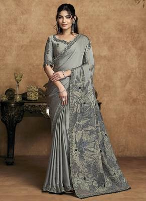 gray satin double weave jacquard embroidery highlighted black stones pearls designer saree 1