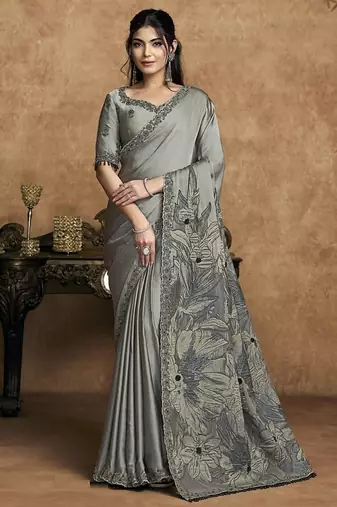 gray satin double weave jacquard embroidery highlighted black stones pearls designer saree