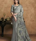 gray satin double weave jacquard embroidery highlighted black stones pearls designer saree