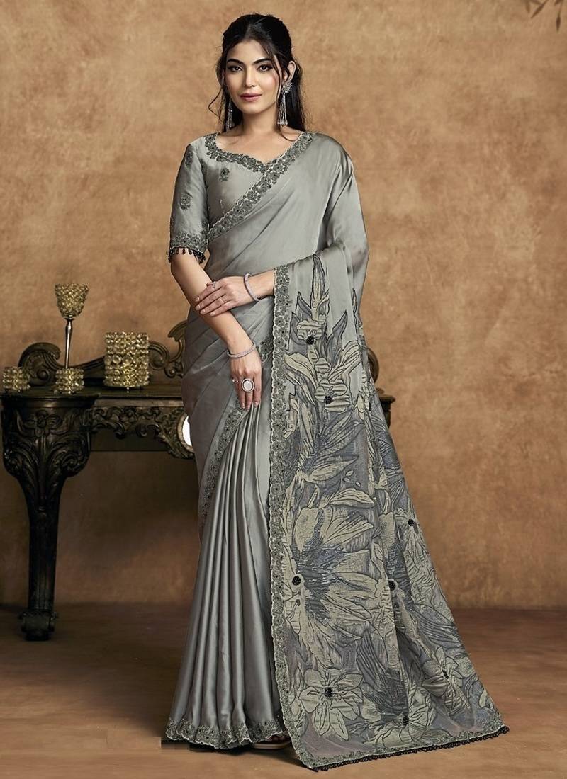 gray satin double weave jacquard embroidery highlighted black stones pearls designer saree