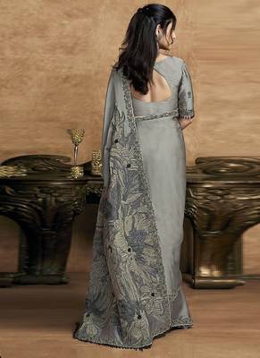 gray satin double weave jacquard embroidery highlighted black stones pearls designer saree 2