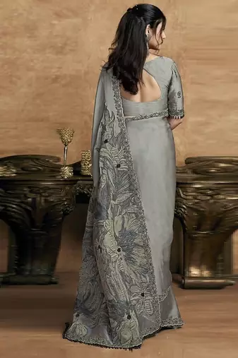 gray satin double weave jacquard embroidery highlighted black stones pearls designer saree