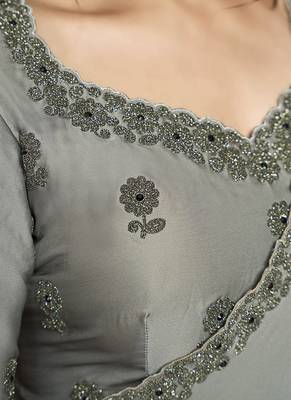 gray satin double weave jacquard embroidery highlighted black stones pearls designer saree 3