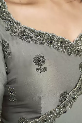 gray satin double weave jacquard embroidery highlighted black stones pearls designer saree