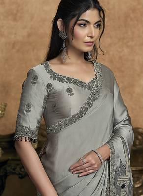 gray satin double weave jacquard embroidery highlighted black stones pearls designer saree 4