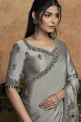 gray satin double weave jacquard embroidery highlighted black stones pearls designer saree