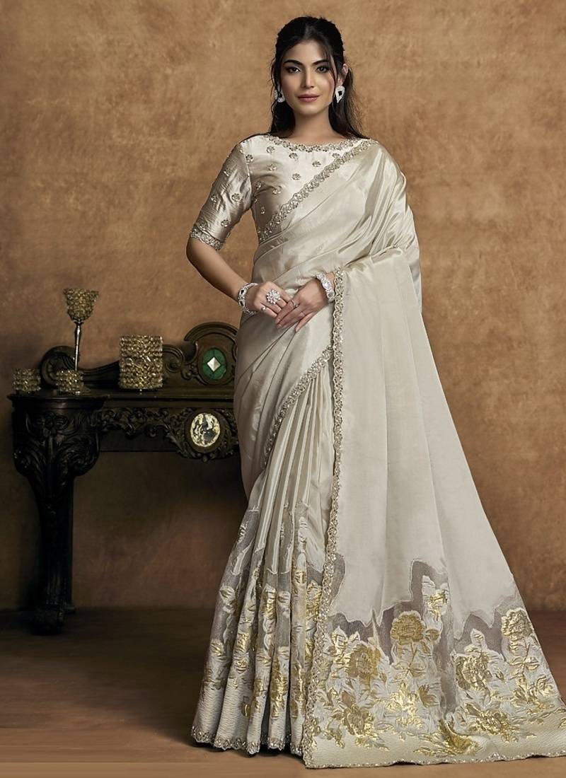off white uppada silk blend sequin embroidery highlighted pearls designer saree