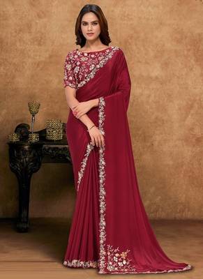 maroon crepe georgette sequence with moti work designer saree 1
