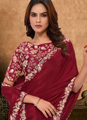 maroon crepe georgette sequence with moti work designer saree 2