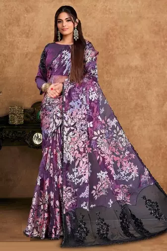 purple brasso embroidery with stone handwork designer saree