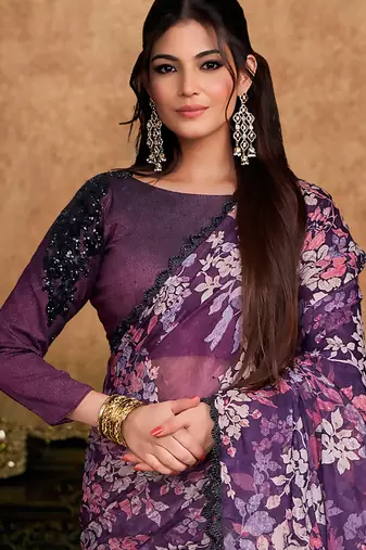 purple brasso embroidery with stone handwork designer saree