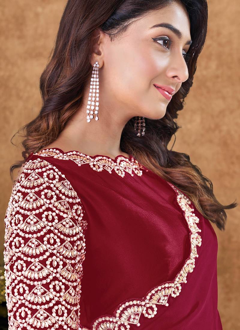 maroon crepe moti with hand work designer saree