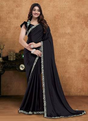 black crepe diamond with hand work designer saree 1