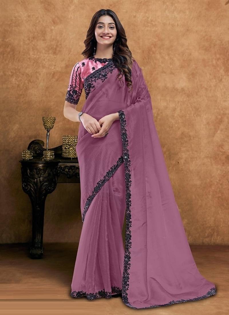 mauve crush sequence with hand work designer saree