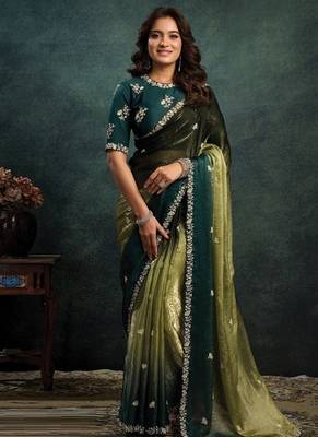 shaded green two tone satin sequince embroidery with multi stone handwork designer saree 1