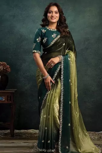 shaded green two tone satin sequince embroidery with multi stone handwork designer saree