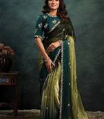 shaded green two tone satin sequince embroidery with multi stone handwork designer saree