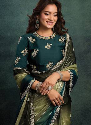 shaded green two tone satin sequince embroidery with multi stone handwork designer saree 2