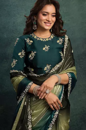 shaded green two tone satin sequince embroidery with multi stone handwork designer saree