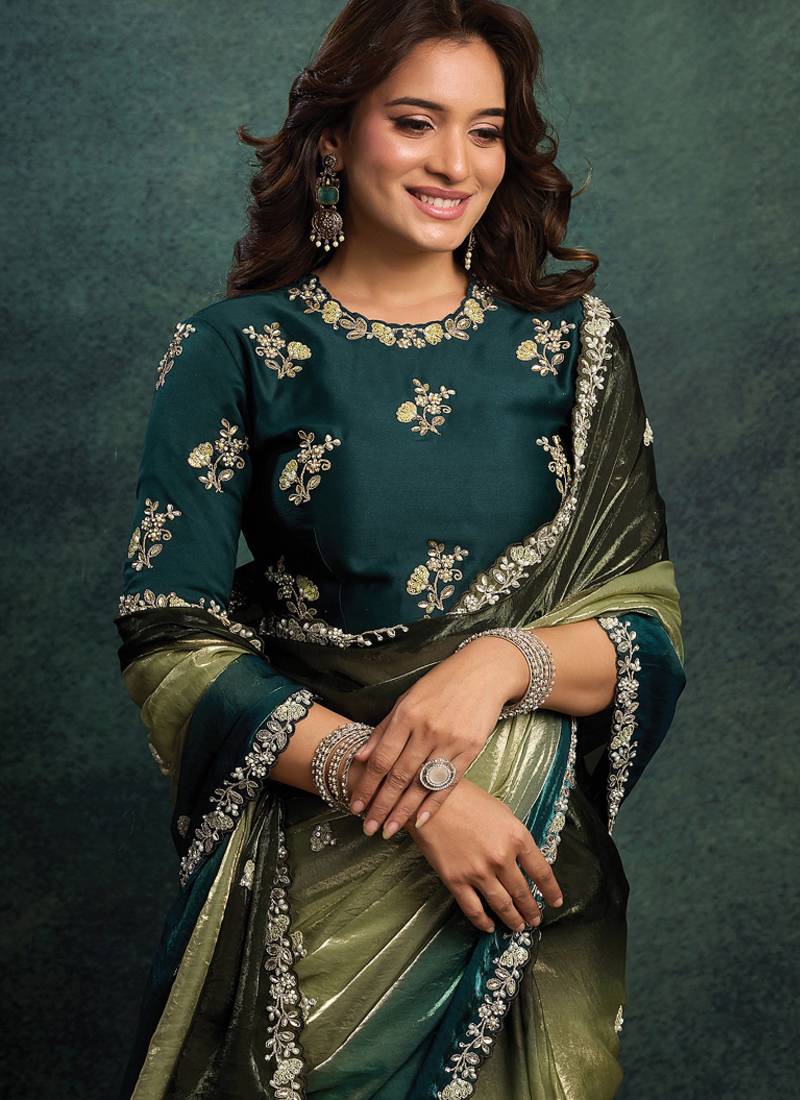 shaded green two tone satin sequince embroidery with multi stone handwork designer saree