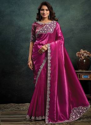 magenta crush satin sequince embroidery with pearl & stone work designer saree 1