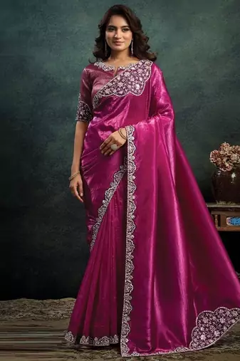 magenta crush satin sequince embroidery with pearl & stone work designer saree