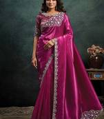 magenta crush satin sequince embroidery with pearl & stone work designer saree