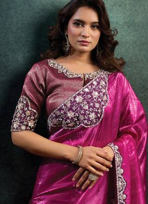 magenta crush satin sequince embroidery with pearl & stone work designer saree 2