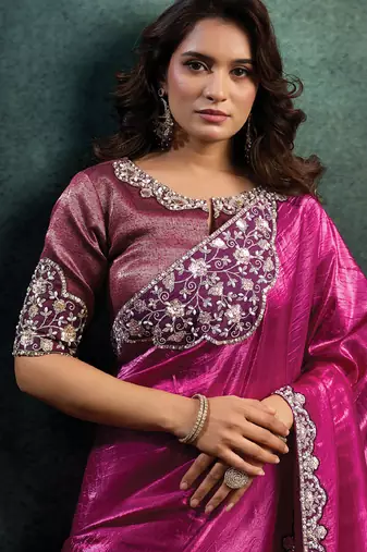 magenta crush satin sequince embroidery with pearl & stone work designer saree