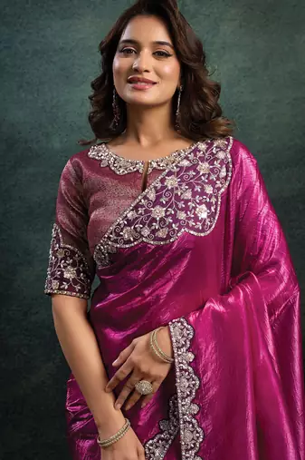 magenta crush satin sequince embroidery with pearl & stone work designer saree